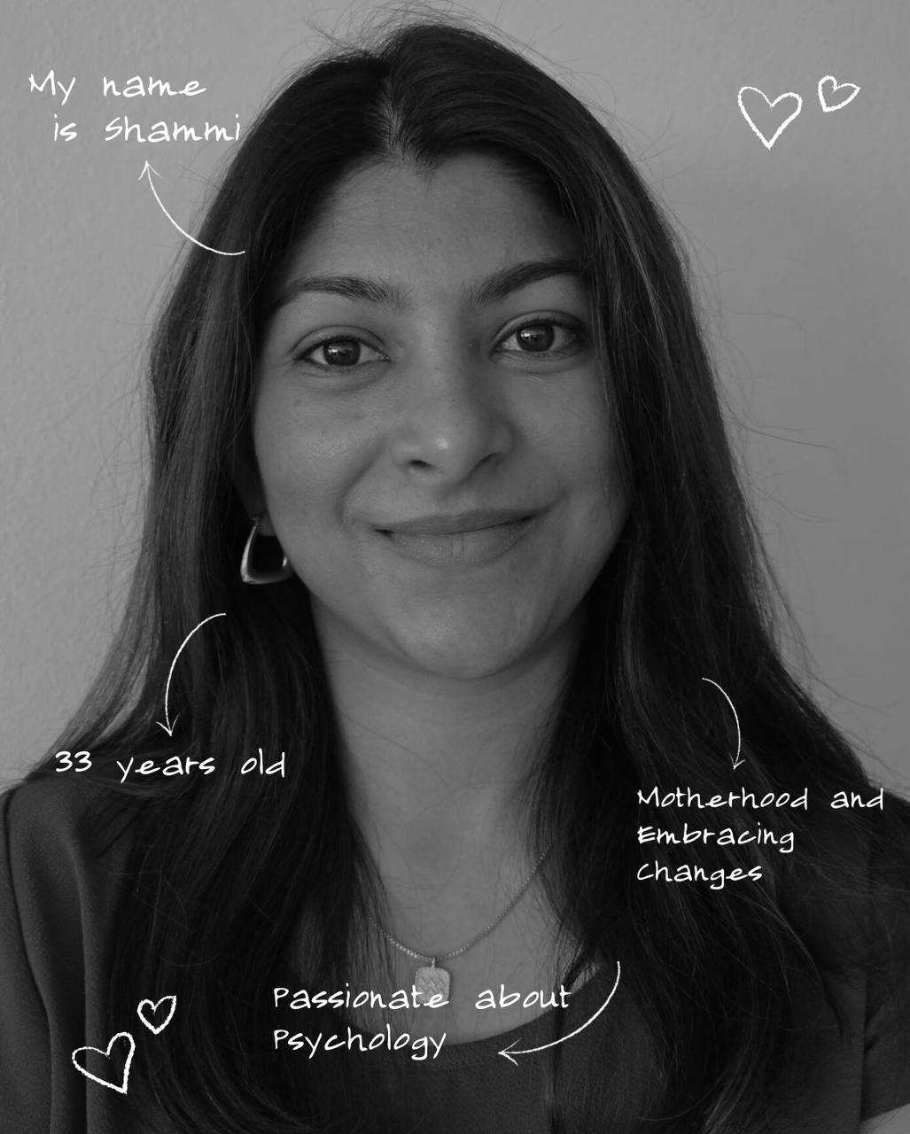 Portrait of Shammi with handwritten notes about psychology and motherhood
